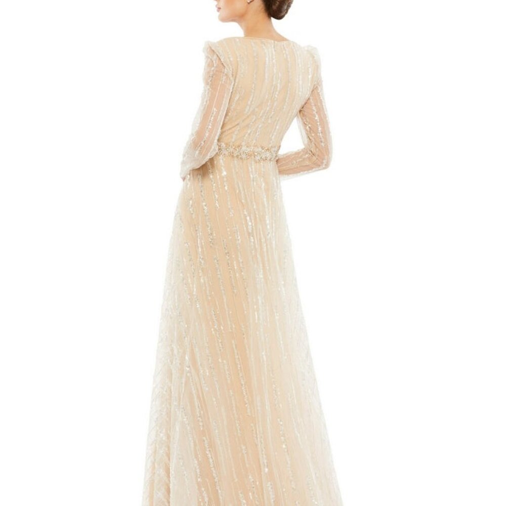 NEW WITH TAGS $698 Mac Duggal Long Sleeve Gown Champagne W/ Silver Sequins. SZ 4 - Picture 5 of 8